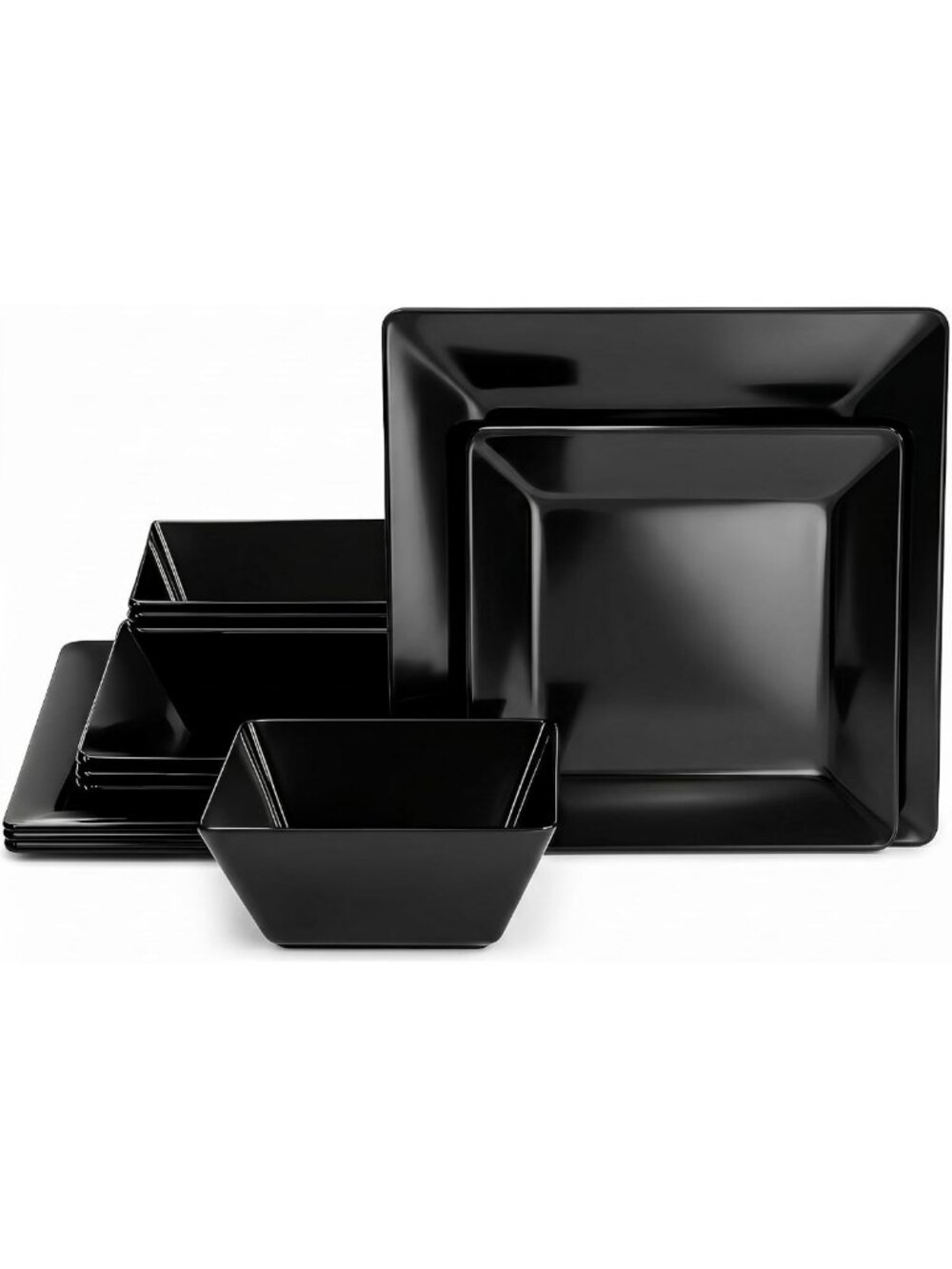 Stylish 12-Piece Square Melamine Dinnerware Set for 4 - Durable & Chic Black